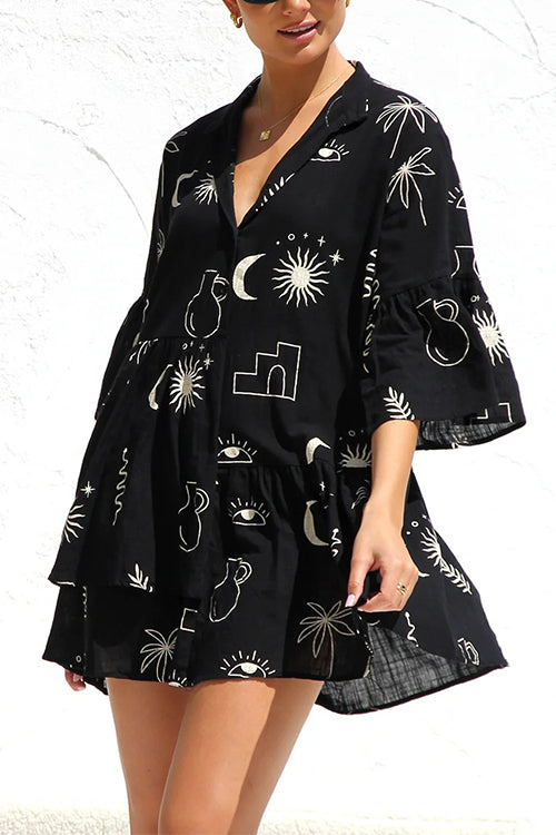 Clistos Graffiti Print Bell Sleeve Shirt Dress - View 8 | Clistos