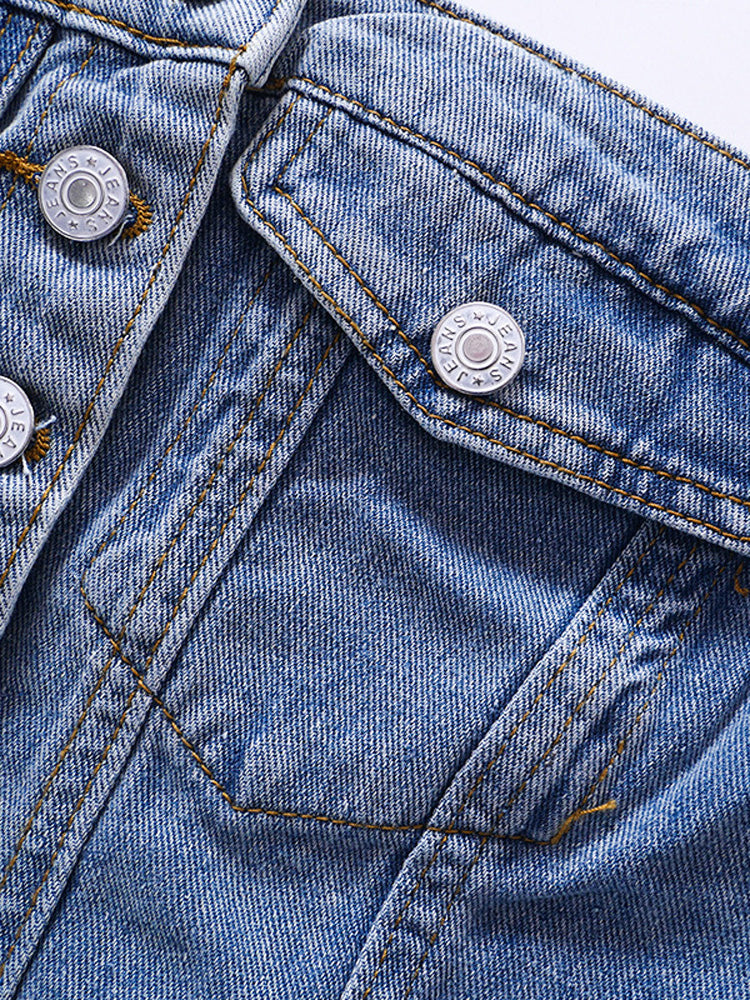 Strapless Button Denim Crop Top - View 7 | Clistos