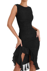 Sleeveless ruched bodycon dress with asymmetrical ruffle hem - View 6 | Clistos