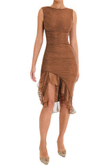 Sleeveless ruched bodycon dress with asymmetrical ruffle hem - View 9 | Clistos
