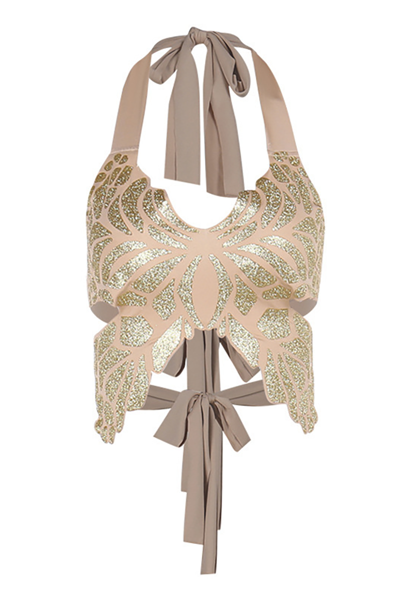 Halter neck cutout crop top with sequin butterfly pattern - View 7 | Clistos
