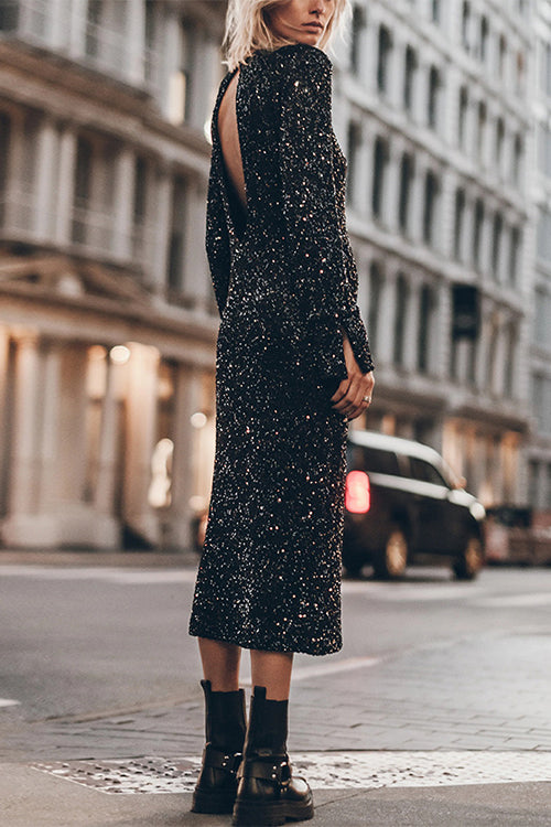 Sequin long sleeve back cutout midi dress - View 6 | Clistos