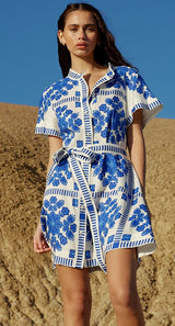 Close-up of a woman's torso in a white and blue floral print shirt dress with a belted waist.