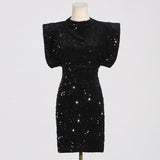 black sequined dress on a mannequin, front view