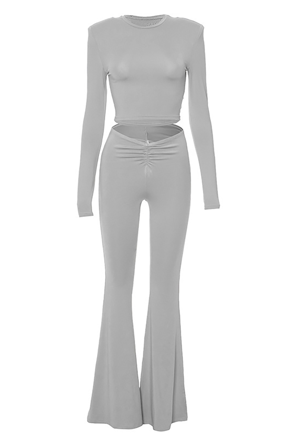 Flat lay of a gray two-piece set featuring a cropped long-sleeve top and flare pants with ruching detail.