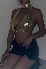 Gold sequin halter neck party crop top - View 6 | Clistos