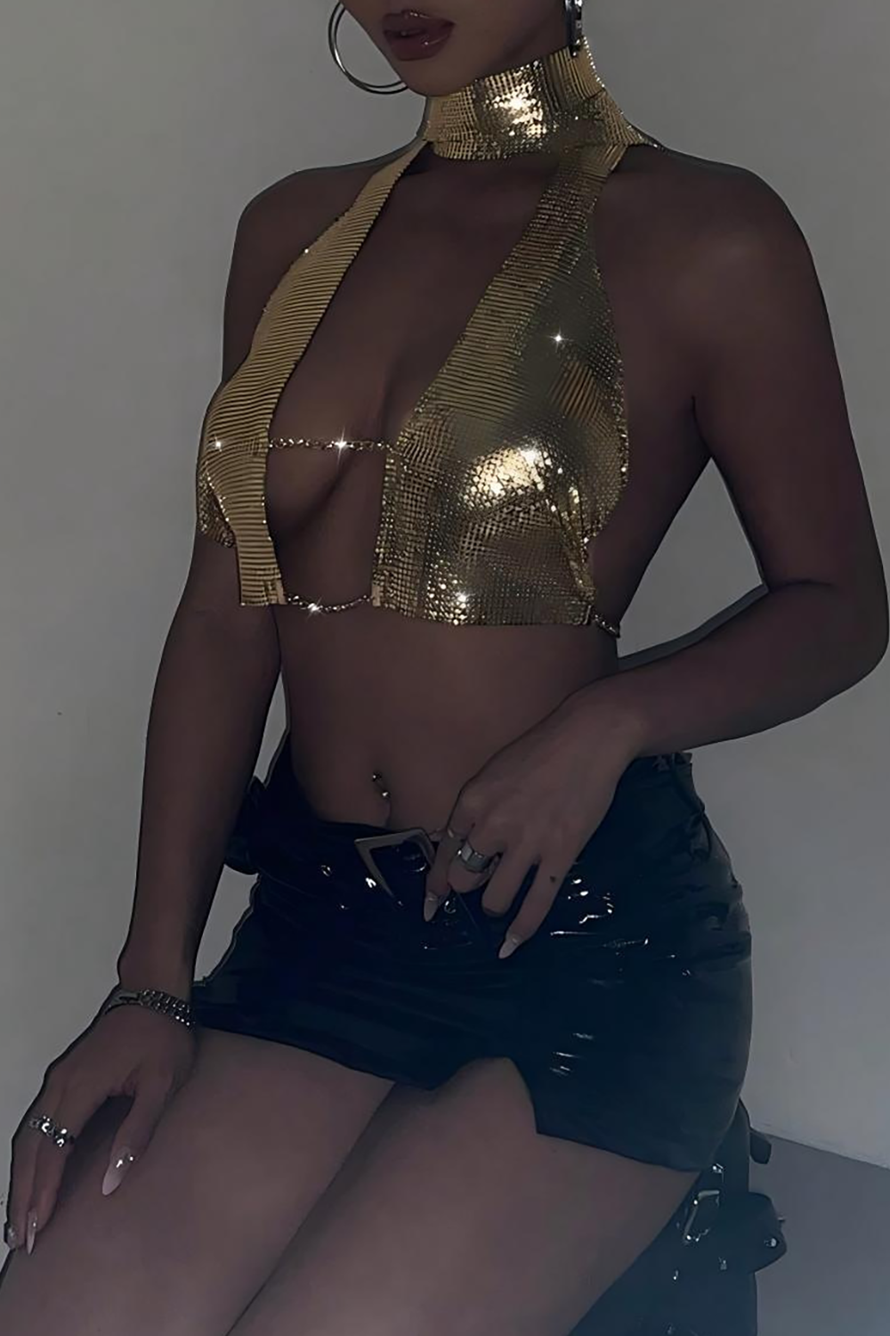 Gold sequin halter neck party crop top - View 6 | Clistos