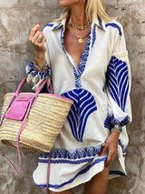Embroidered Leaf Print Long Sleeve Shirt Dress - View 6 | Clistos