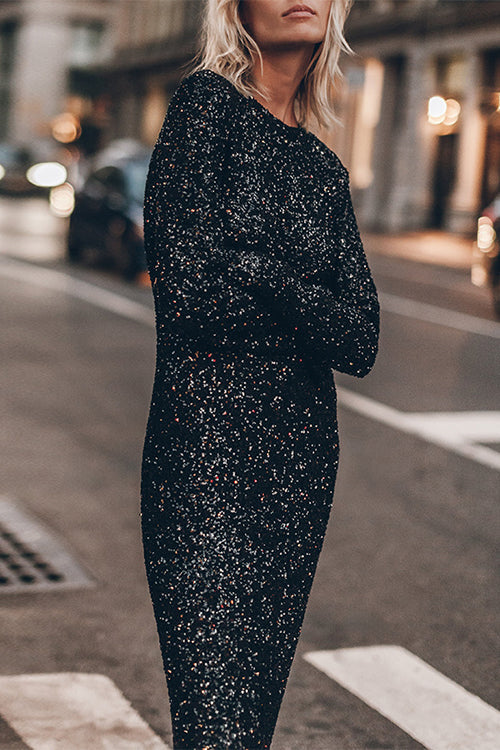 Sequin long sleeve back cutout midi dress - View 7 | Clistos