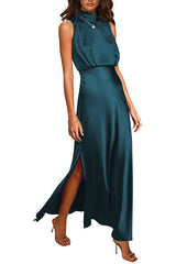 Woman wearing a teal satin maxi dress with a high neckline, sleeveless design, and a high slit on the leg.