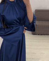 Clistos Mock Neck Bell Sleeve Satin Dress - View 8 | Clistos