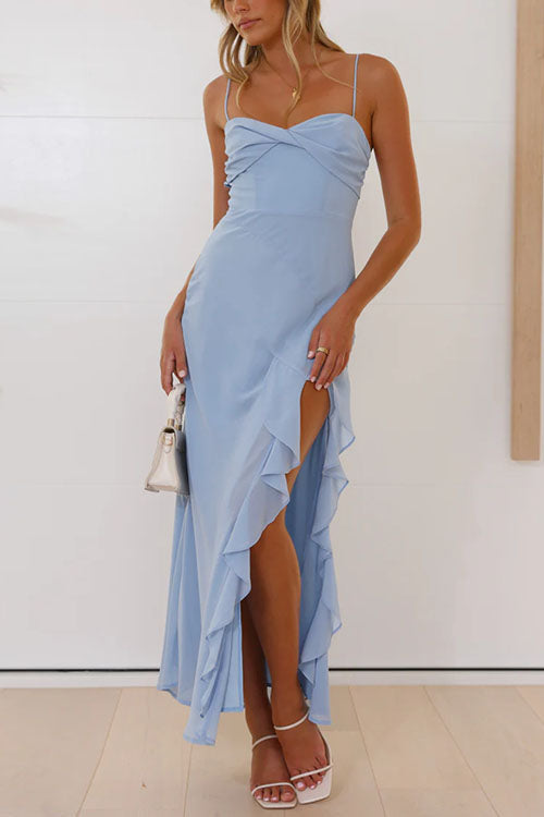Clistos yellow ruffle high slit A-line maxi dress - View 7 | Clistos