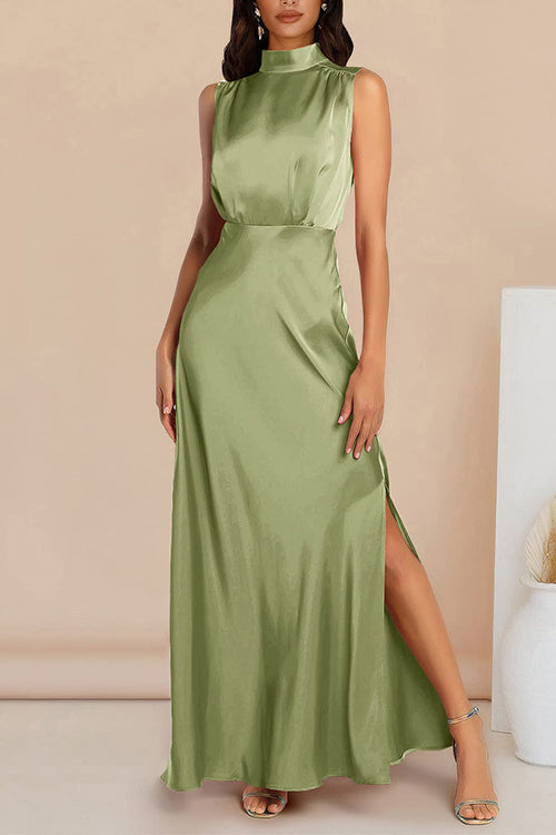 Mock Neck Side Split Satin Maxi Dress - View 6 | Clistos