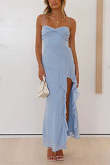Clistos yellow ruffle high slit A-line maxi dress - View 9 | Clistos
