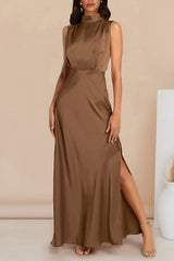 Mock Neck Side Split Satin Maxi Dress - View 7 | Clistos