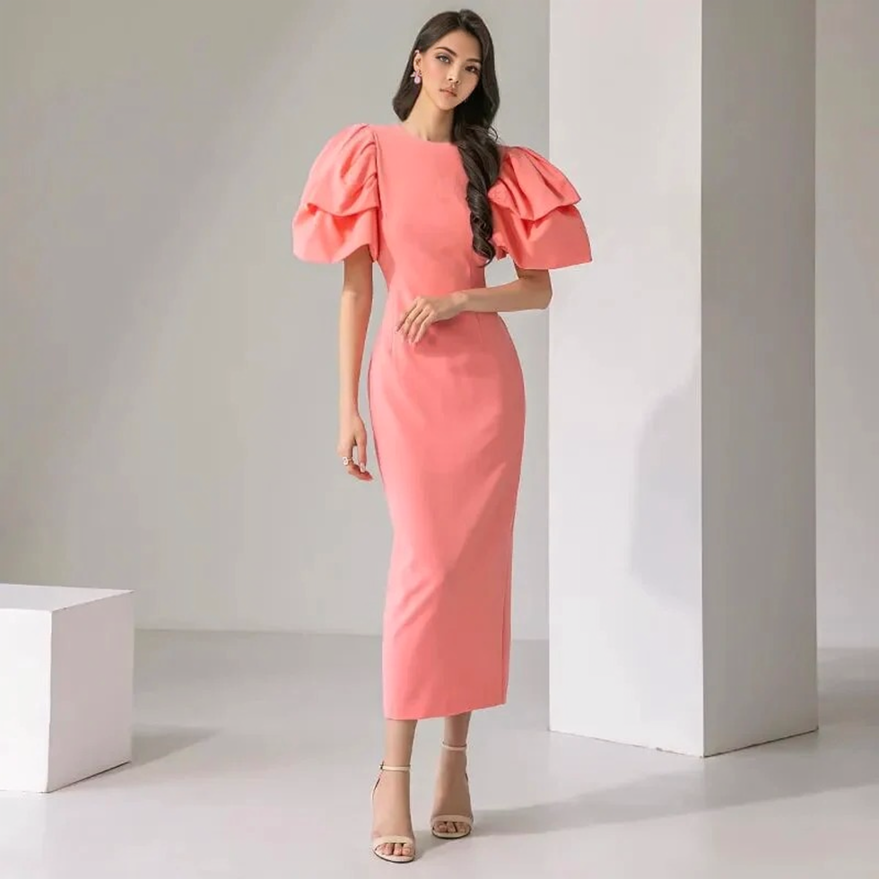 Clistos Vintage Puff Sleeve Midi Dress in Pink - View 7 | Clistos