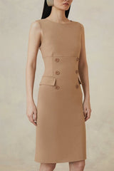 beige sleeveless sheath dress with button accents and pocket details