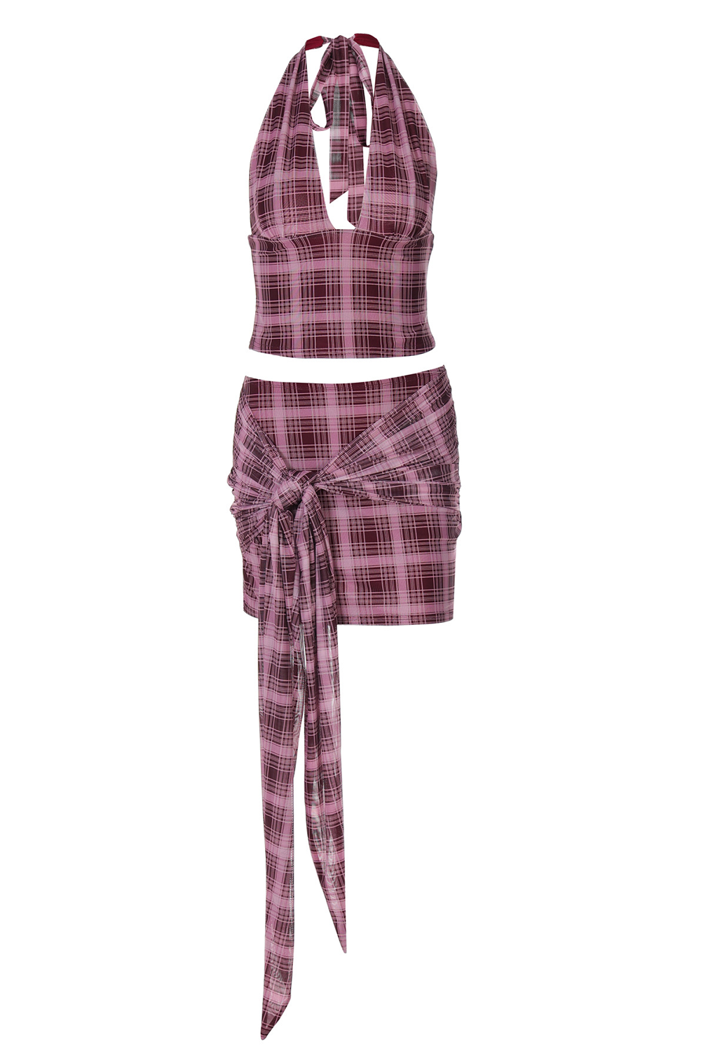 Plaid Halter Plunge Crop Top and Tie Waist Mini Skirt Set - View 8 | Clistos
