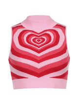 A pink and red striped heart pattern cropped knit top with a mock neck, shown flat.