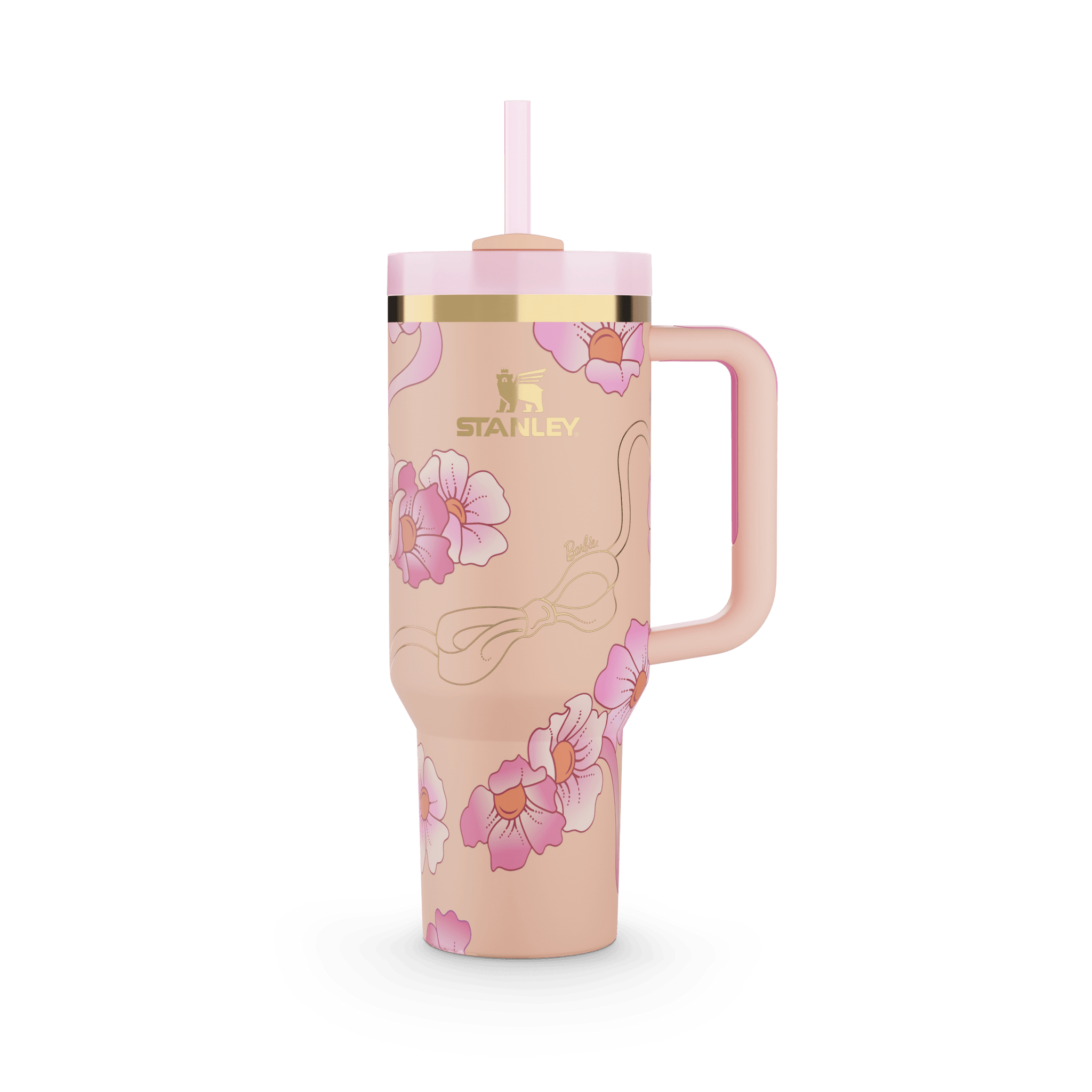 Stanley Barbie collaboration tumbler with pink floral pattern