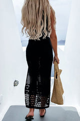 woman in black crochet skirt from behind