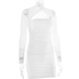 White ruched bodycon dress with a sheer mesh overlay and high neck, front view.