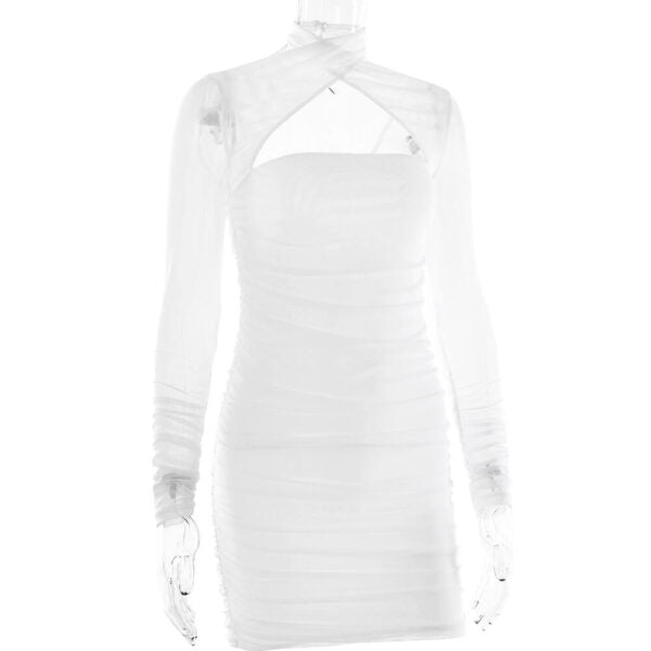 White ruched bodycon dress with a sheer mesh overlay and high neck, front view.