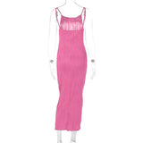 Back view of a pink ribbed midi dress on a mannequin