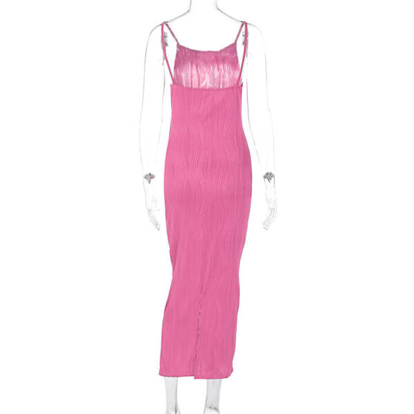 Back view of a pink ribbed midi dress on a mannequin