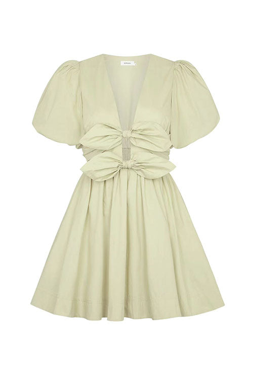front view of a light green puff sleeve dress with a plunging V-neck and large bow detail at the waist