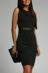woman in black sleeveless bodycon dress with sheer waist insert, holding a black clutch