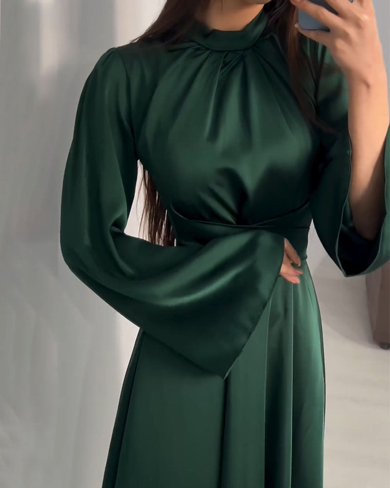 Clistos Mock Neck Bell Sleeve Satin Dress - View 9 | Clistos