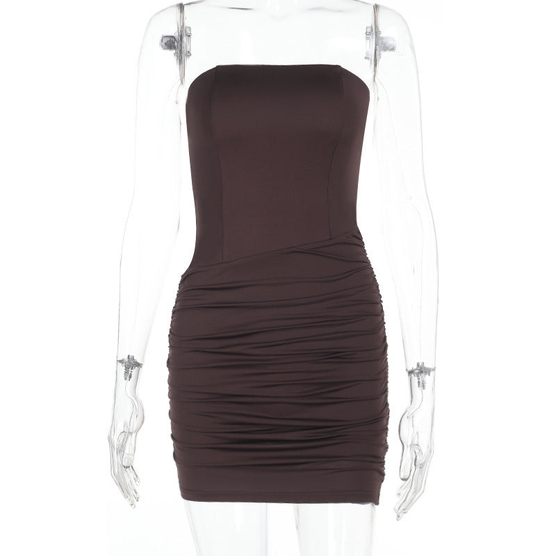 A brown strapless ruched dress on a mannequin, front view