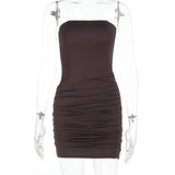 A brown strapless ruched dress on a mannequin, front view