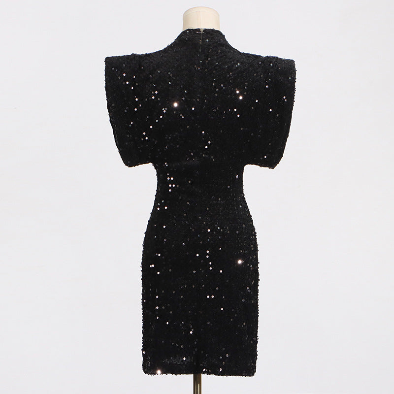 black sequined mini dress on a mannequin, back view