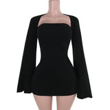 A black mini dress with a square neckline and dramatic bell sleeves displayed on a mannequin.