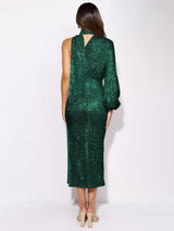 Rear view of a woman in a green sequined one-shoulder dress