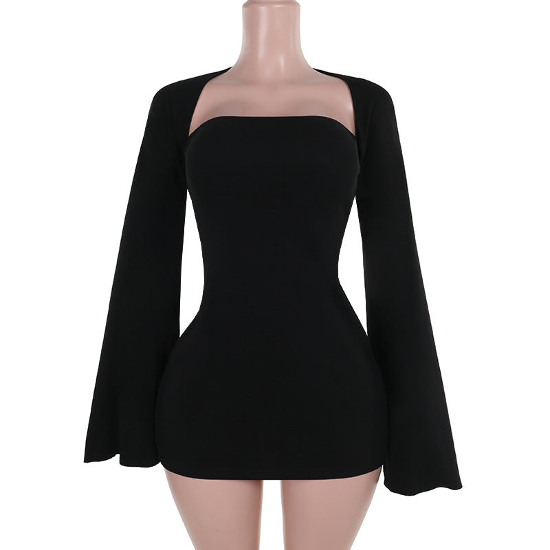 A black dress with a square neckline and dramatic bell sleeves displayed on a mannequin.