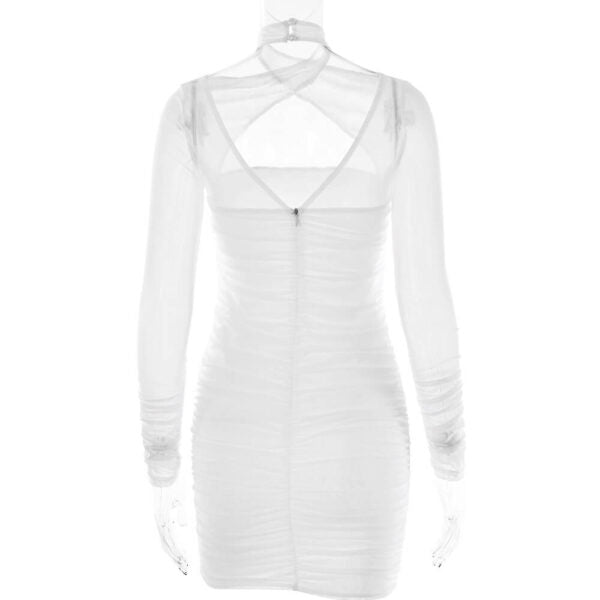 White ruched bodycon dress with a sheer mesh overlay and high neck, back view.