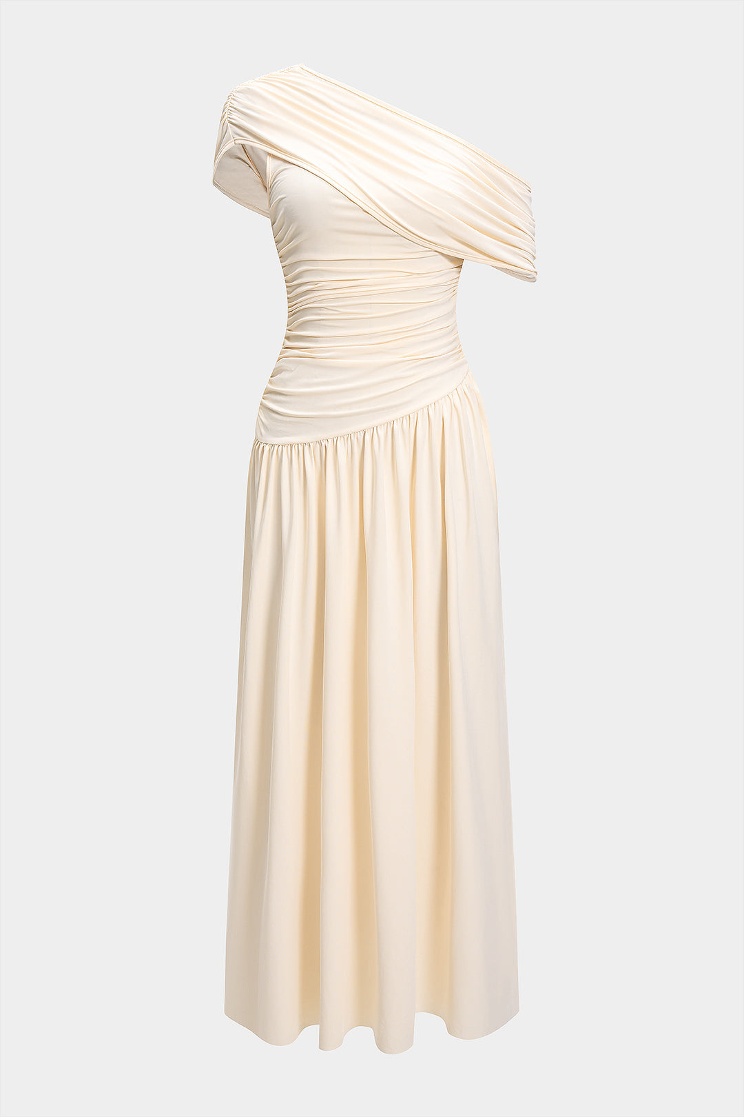 Cream one-shoulder ruched maxi dress, front view
