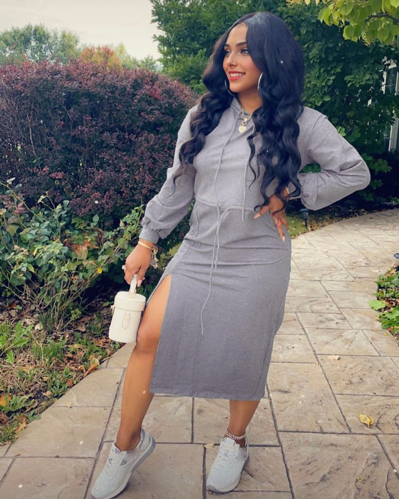 Hooded knit midi dress with drawstring waist and high slit - View 6 | Clistos
