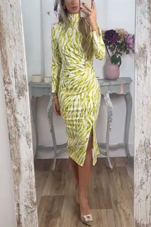 woman in green and white zebra print dress