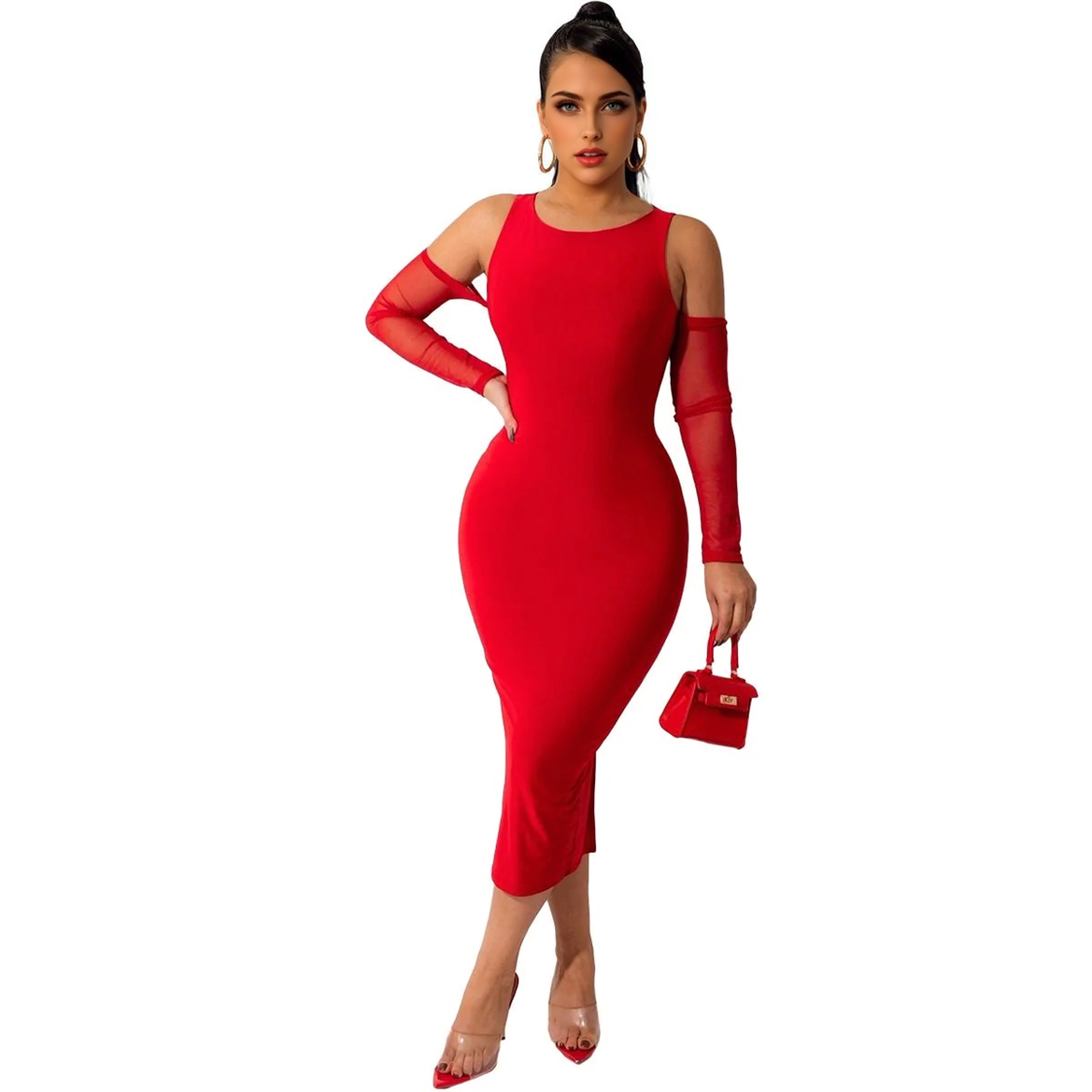 A woman in a red midi dress with sheer sleeves and a side slit, posing for a product shot.
