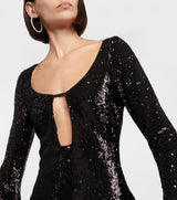 close-up of the front of a black sequined dress with a scoop neckline and a keyhole cutout