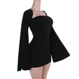 A black mini dress with a square neckline and dramatic bell sleeves displayed on a mannequin, shown from the side.