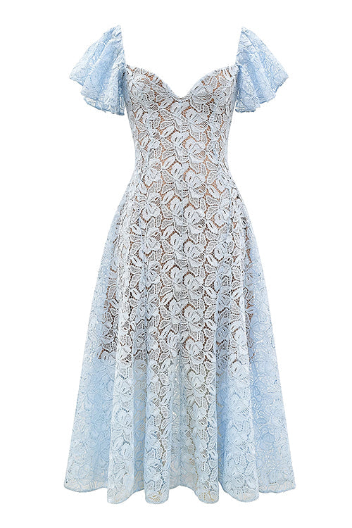 A light blue lace midi dress displayed on a white background