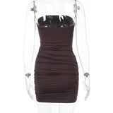 A brown strapless ruched dress on a mannequin, back view