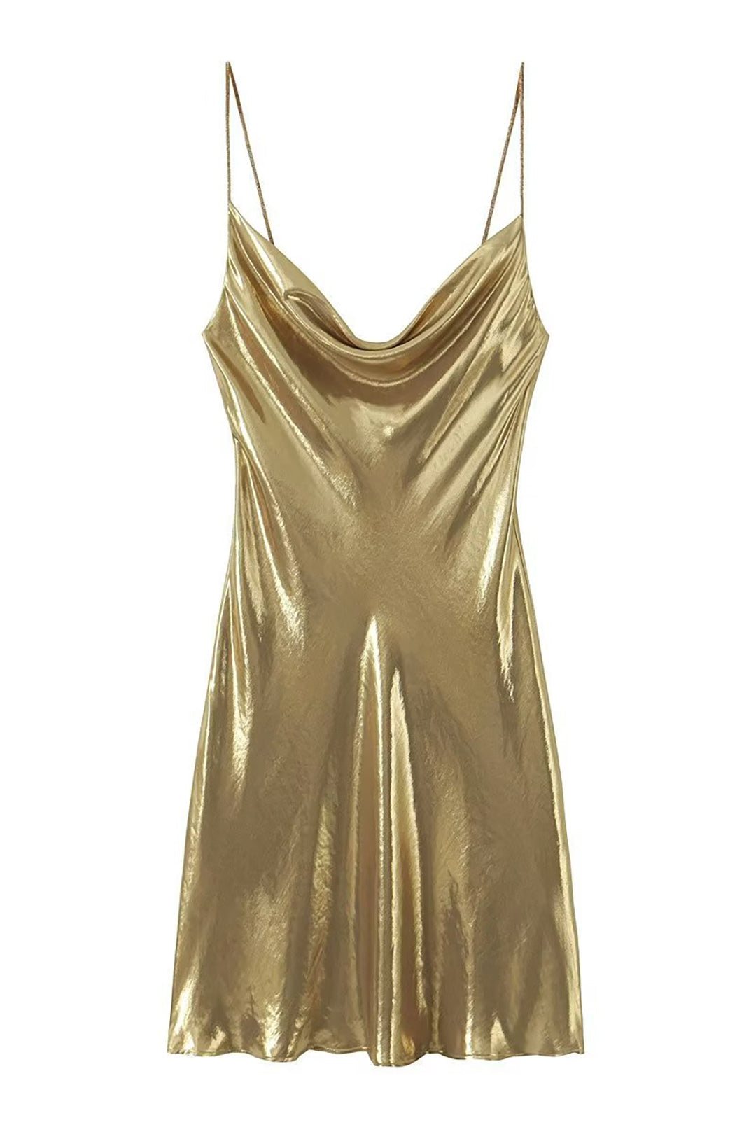 A front view of a gold slip dress with a cowl neckline and spaghetti straps.