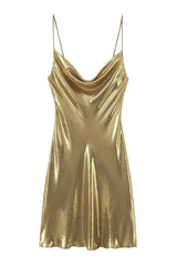 A front view of a gold slip dress with a cowl neckline and spaghetti straps.