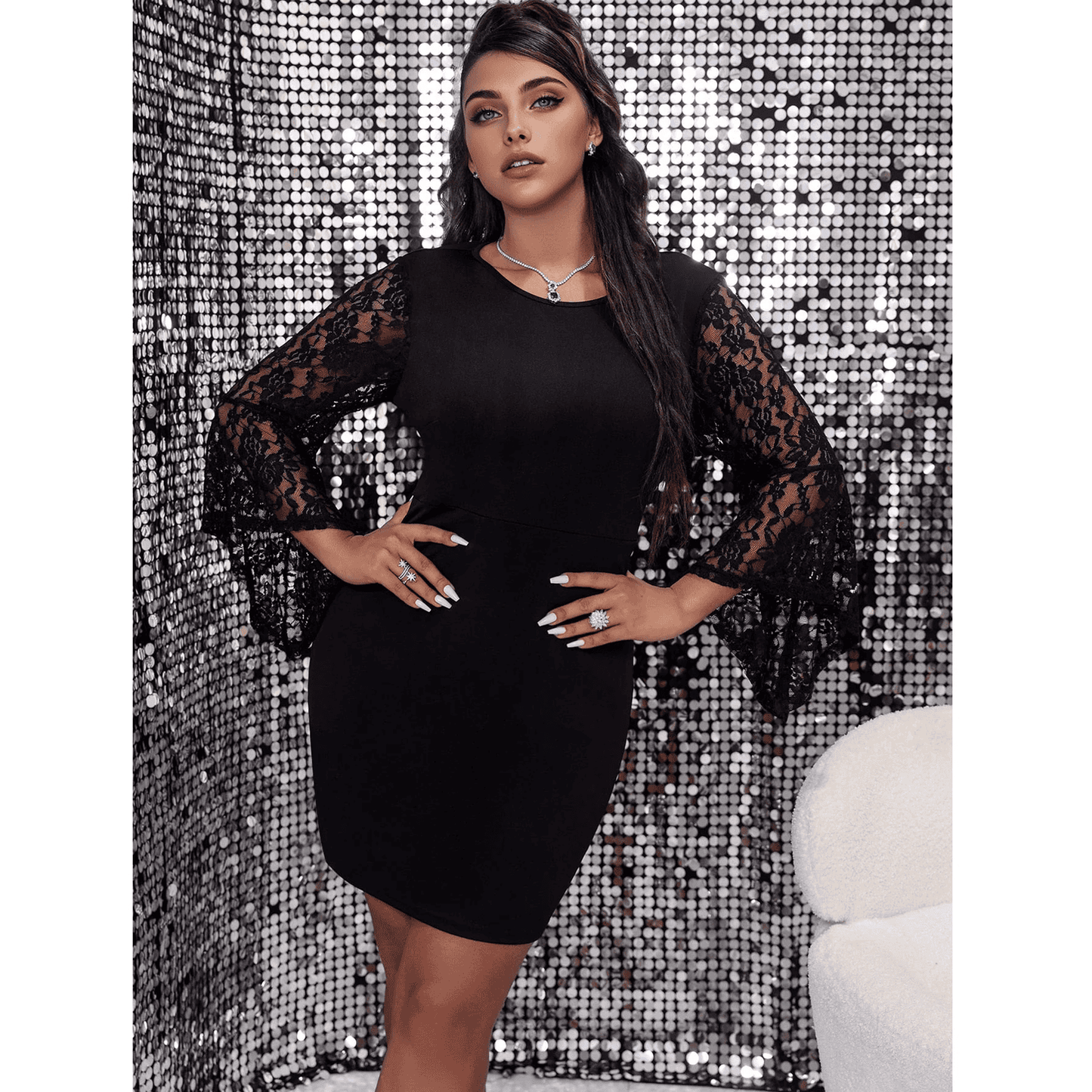 Black lace sleeve mini party dress - View 15 | Clistos